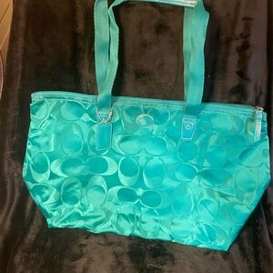 Coach Teal Signature Logo Satin-finish Tote/Duffel